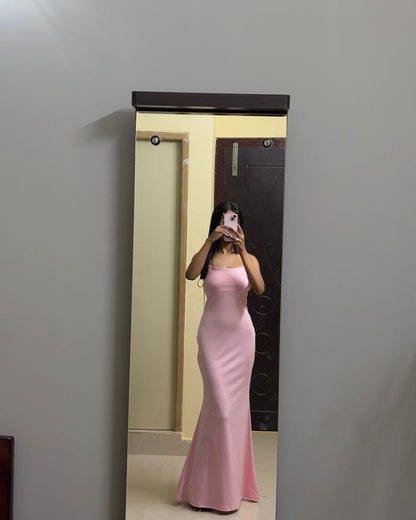 Robe de bal sirène rose à bretelles spaghetti, tenue d'anniversaire J6911