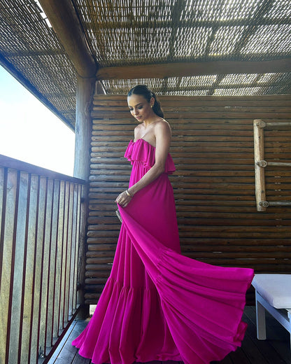 Robe de soirée de mariage trapèze à volants en mousseline de soie J6912