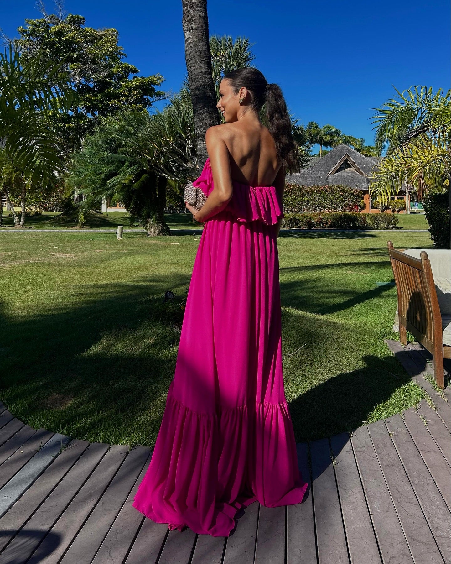 Robe de soirée de mariage trapèze à volants en mousseline de soie J6912