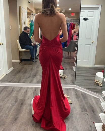 Halter Red Mermaid Prom Dress Satin Backless Sexy Evening Dress J6914