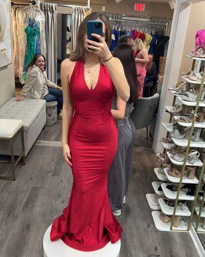 Halter Red Mermaid Prom Dress Satin Backless Sexy Evening Dress J6914