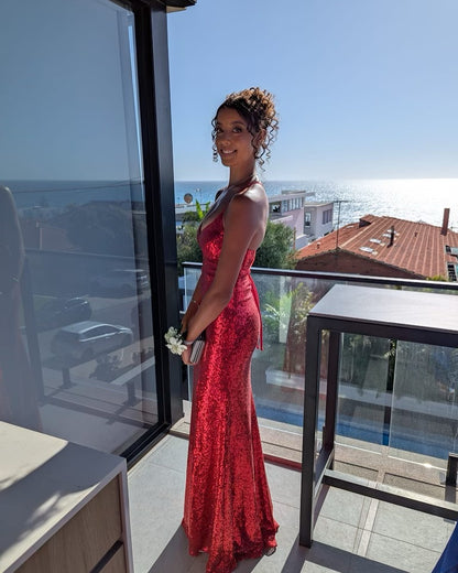 Robe de soirée bordeaux à bretelles spaghetti et sequins J6916