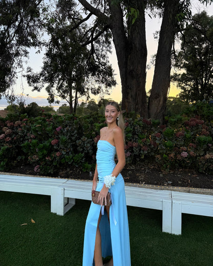 Trägerloses A-Linien-Ballkleid in Blau mit Schlitz, formelles Kleid J6917