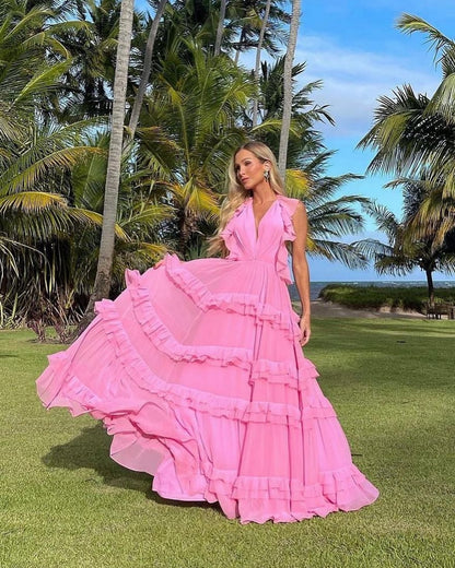 A Line Backless Ruffle Wedding Guest Dress Pink Formal Gown J6918