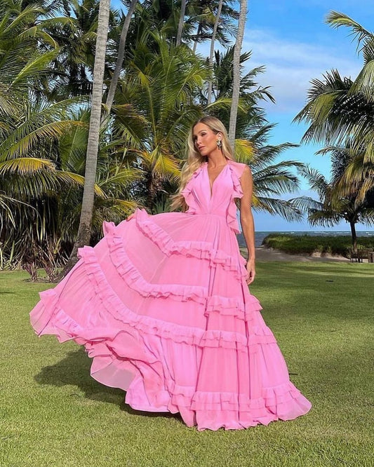 A Line Backless Ruffle Wedding Guest Dress Pink Formal Gown J6918