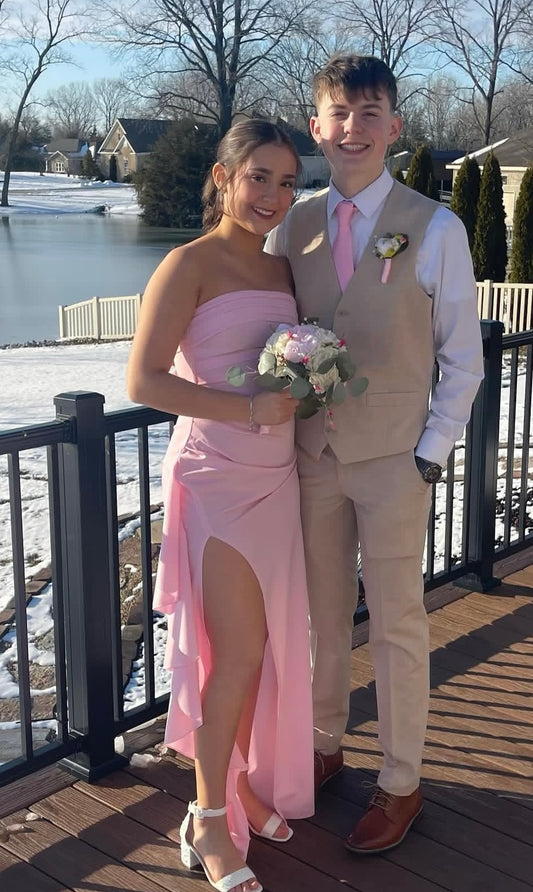 Trägerloses rosa Ballkleid mit Schlitzrüschen, formelles Partykleid J6920