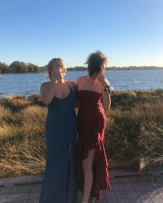 Robe de bal sirène bustier à volants bordeaux J6922