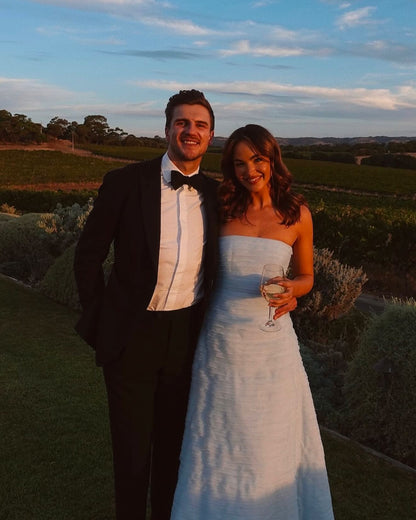 Strapless Blue A Line Pleated Prom Dress Wedding Guest Dress J6925