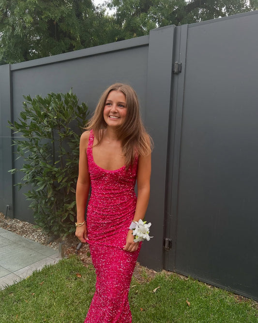 Hot Pink Sequin Mermaid Prom Dress Formal Evening Dress J6924
