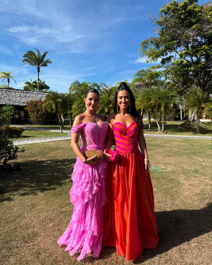 Robe trapèze à volants et épaules dénudées en mousseline de soie pour invitée de mariage J6928