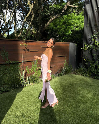 Strapless Pink Slit Wedding Guest Dress Formal Prom Dress J6931