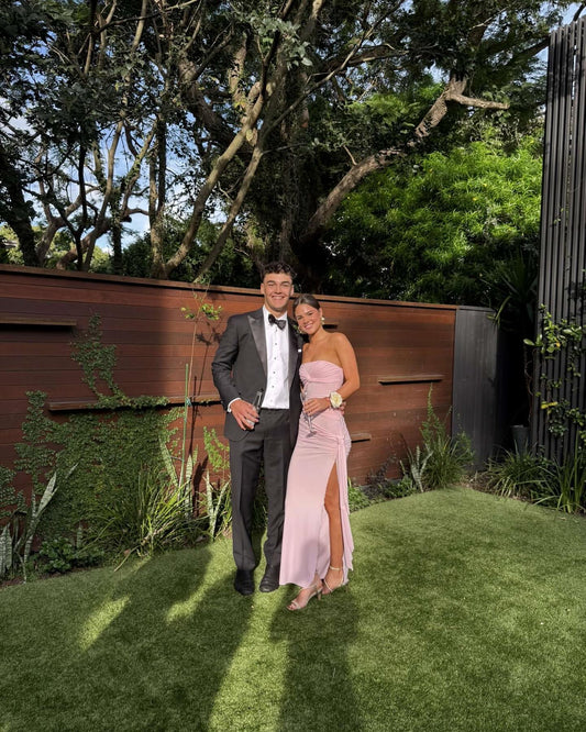 Strapless Pink Slit Wedding Guest Dress Formal Prom Dress J6931