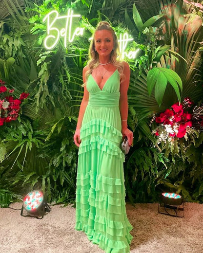 Robe de mariée verte à bretelles spaghetti et coupe trapèze, à volants, tenue de soirée J6933