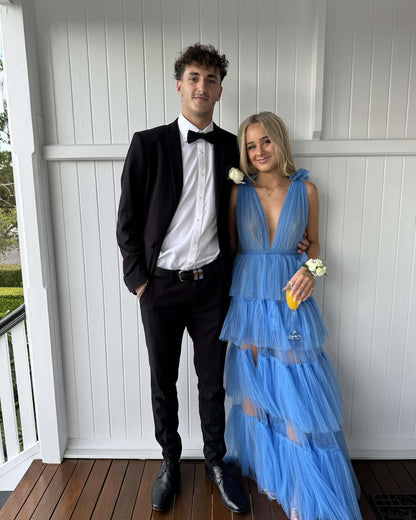 Blaues Ballkleid mit tiefem V-Ausschnitt und A-Linie, gestuftes Hochzeitsgastkleid J6935