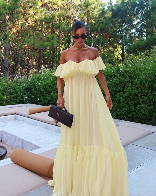 Robe de soirée jaune à épaules dénudées pour invité de mariage J6936