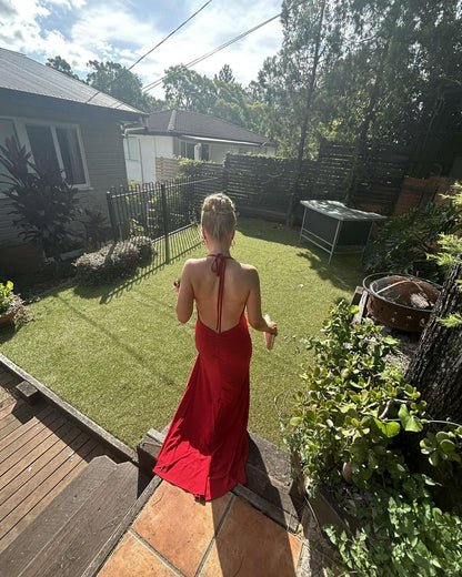 Neckholder Rot Sexy Abendkleid Rückenfrei Ballkleid J6937