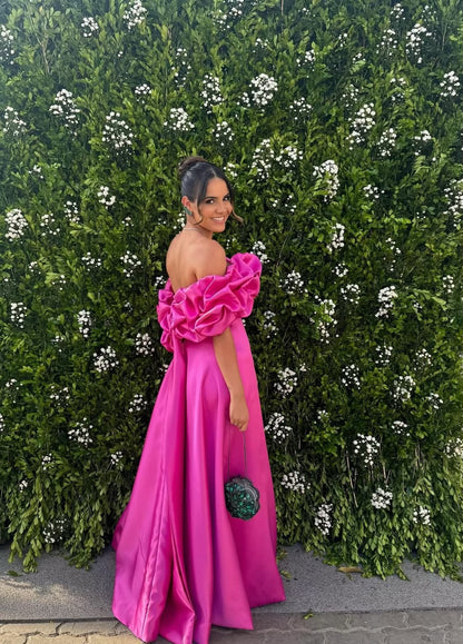 Robe de soirée formelle en satin rose vif, coupe trapèze, J6938