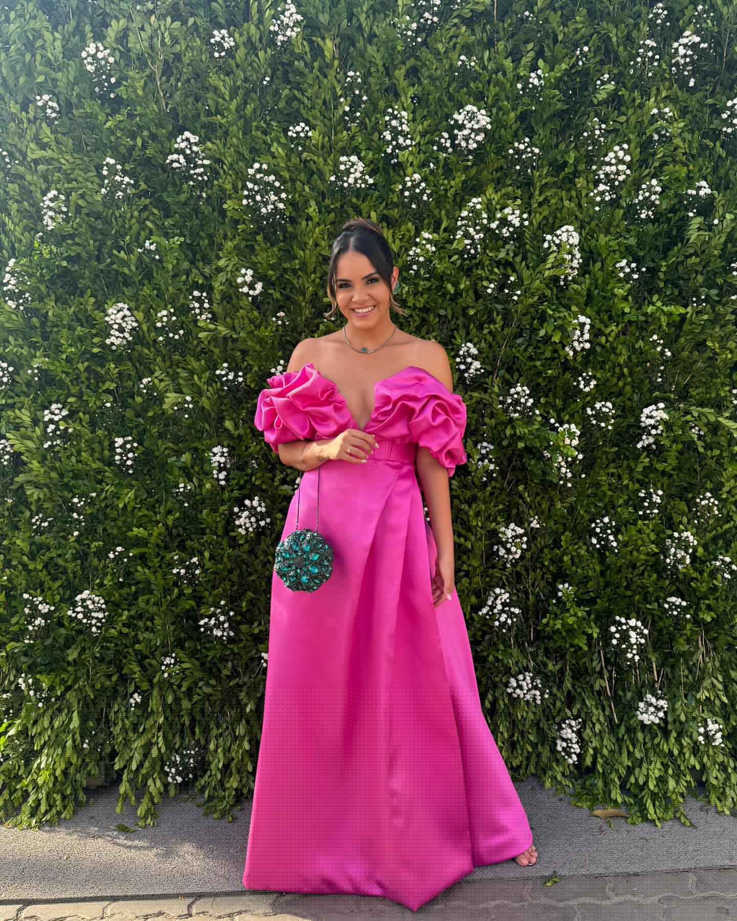 Robe de soirée formelle en satin rose vif, coupe trapèze, J6938