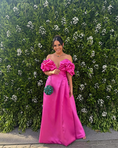 Robe de soirée formelle en satin rose vif, coupe trapèze, J6938