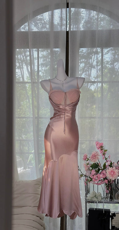Spaghetti Straps Pink Mermaid Prom Dress Vintage Evening Dress J6940