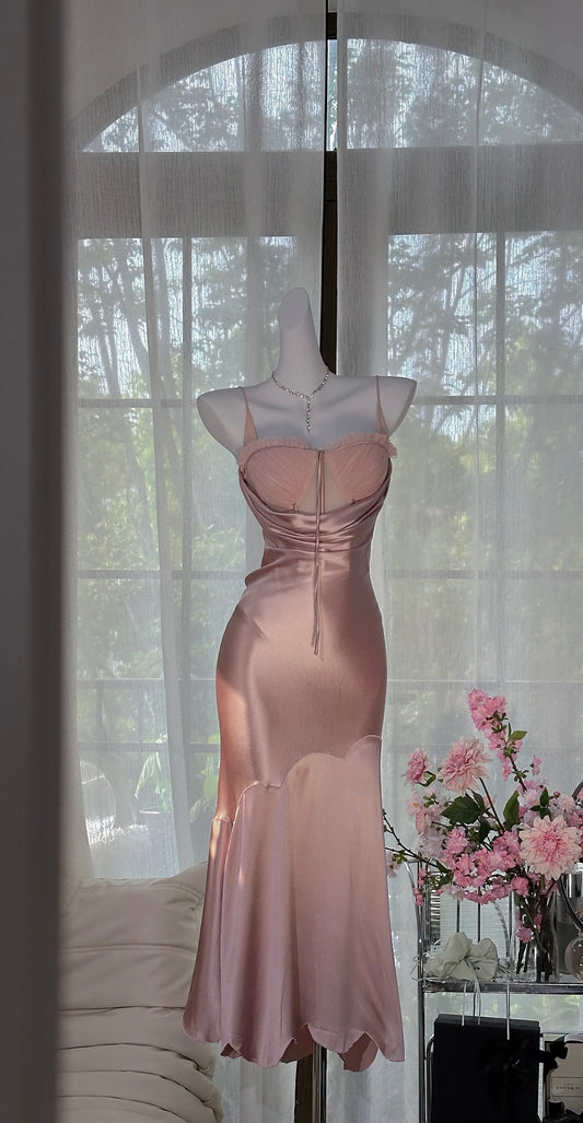Spaghetti Straps Pink Mermaid Prom Dress Vintage Evening Dress J6940