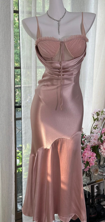 Spaghetti Straps Pink Mermaid Prom Dress Vintage Evening Dress J6940