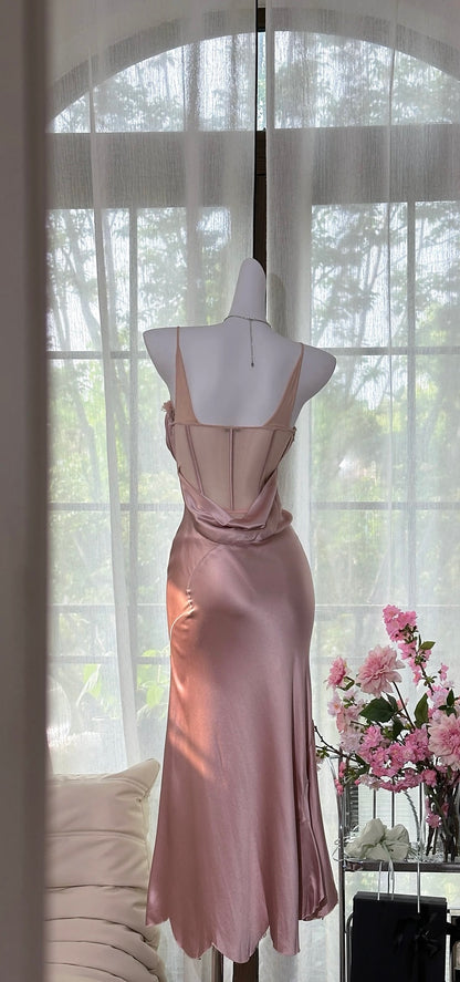 Spaghetti Straps Pink Mermaid Prom Dress Vintage Evening Dress J6940