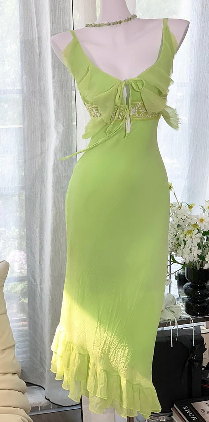 Spaghetti Straps Green Chiffon Summer Dress Wedding Guest Dress J6941