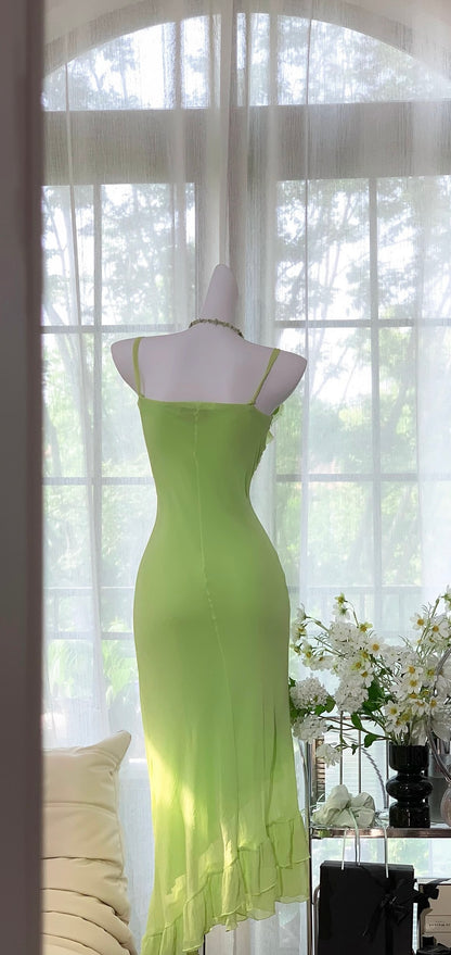 Spaghetti Straps Green Chiffon Summer Dress Wedding Guest Dress J6941