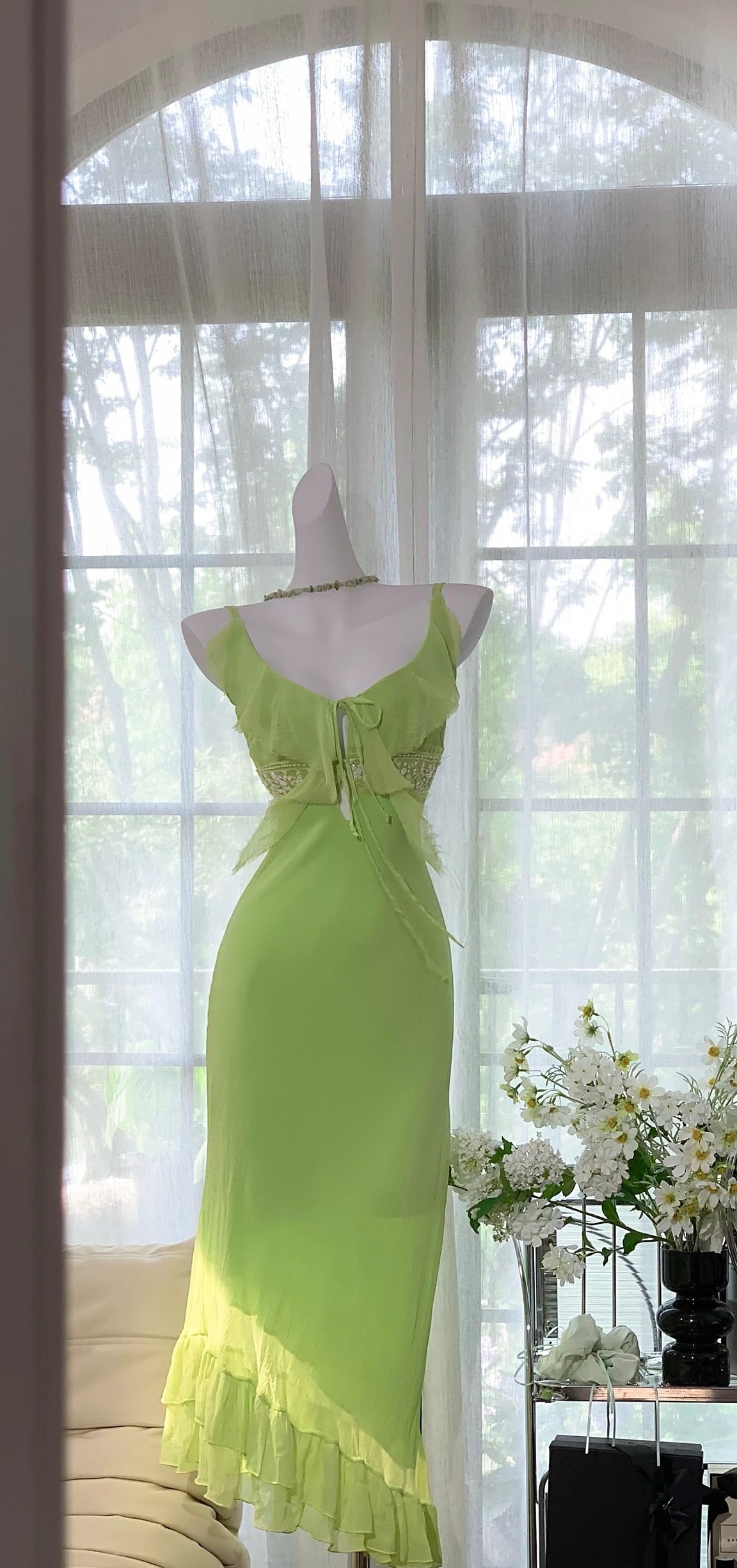Spaghetti Straps Green Chiffon Summer Dress Wedding Guest Dress J6941