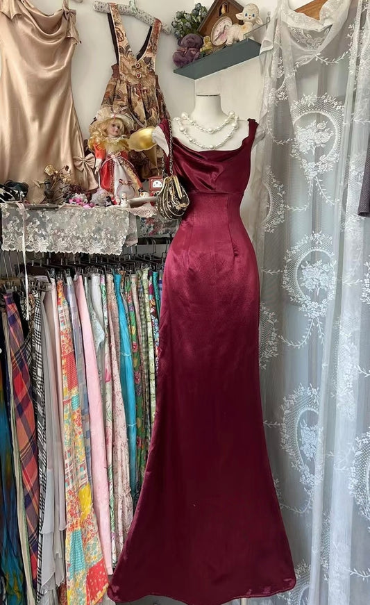 Burgundy Mermaid Satin Prom Dress Vintage Evening Dress J6946