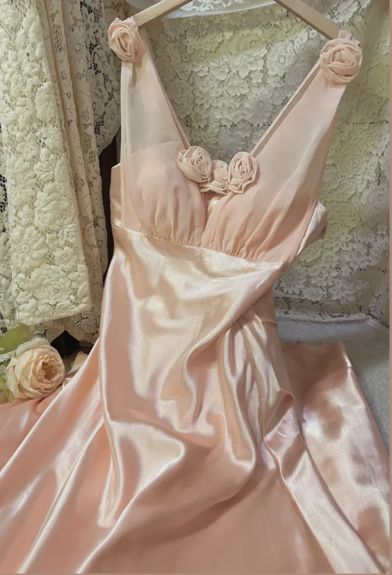 Pink V-Neck Satin Long Prom Dress With Ruffle J8775