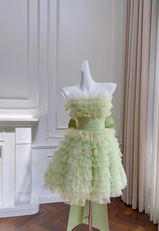 Robe de soirée verte trapèze en dentelle, robe d'anniversaire J7172