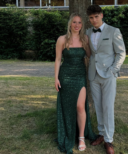Robe de soirée longue verte à bretelles spaghetti et paillettes J7863