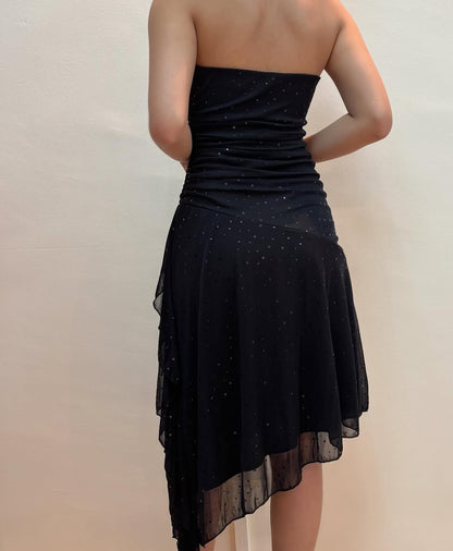 Strapless Black A Line Sparkling Prom Dress Ruffle Formal Dress J7775