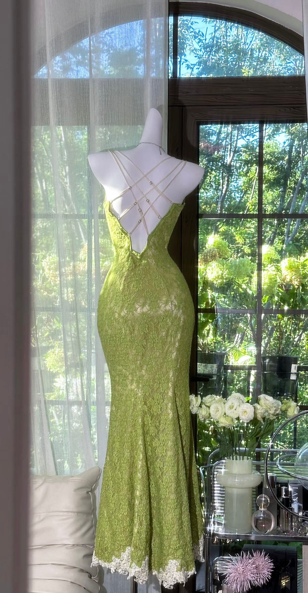 Mermaid Green Lace Long Prom Dress Vintage Formal Party Gown J8410