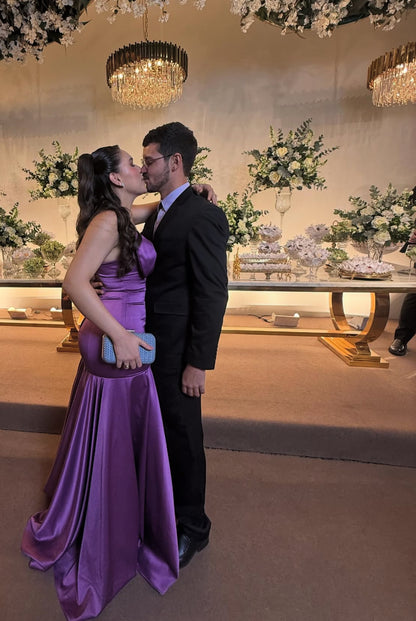 Robe de bal longue en satin violet style sirène, robe d'invitée de mariage J8016