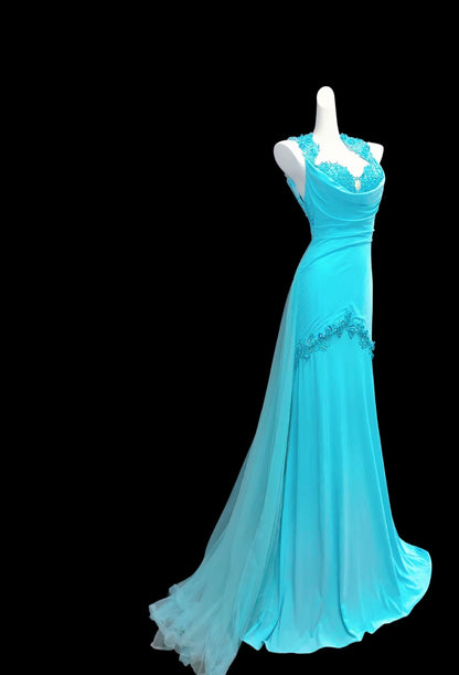 Blaues Meerjungfrau-Abendkleid mit Applikationen, formelles Ballkleid J7322