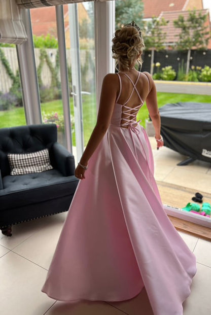 Robe de soirée longue rose en satin, coupe trapèze, J7864