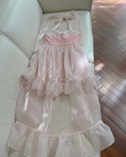 A Line Halter Pink Formal Party Dress Ruffle Homecoming Prom Dress J7171