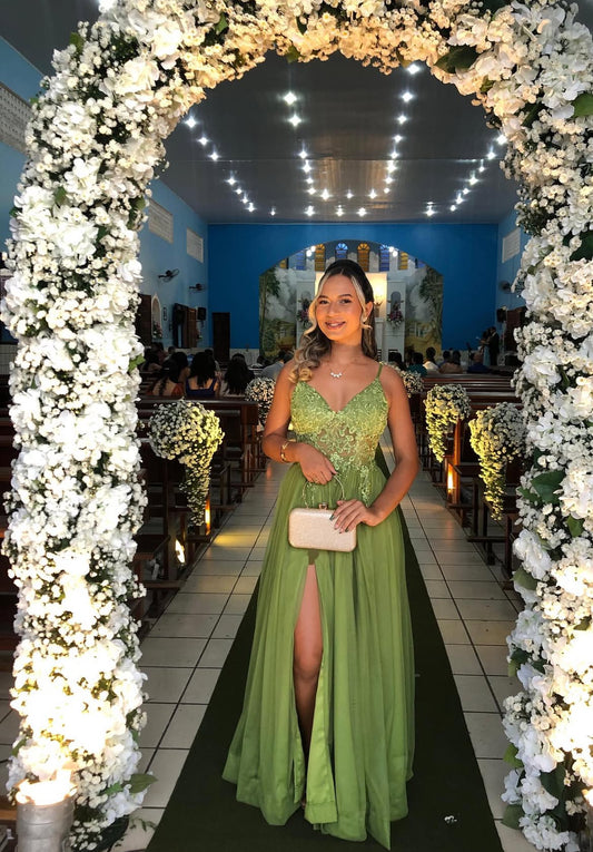 V Neck Tulle Green Long Prom Dress Slit Formal Party Dress J8892