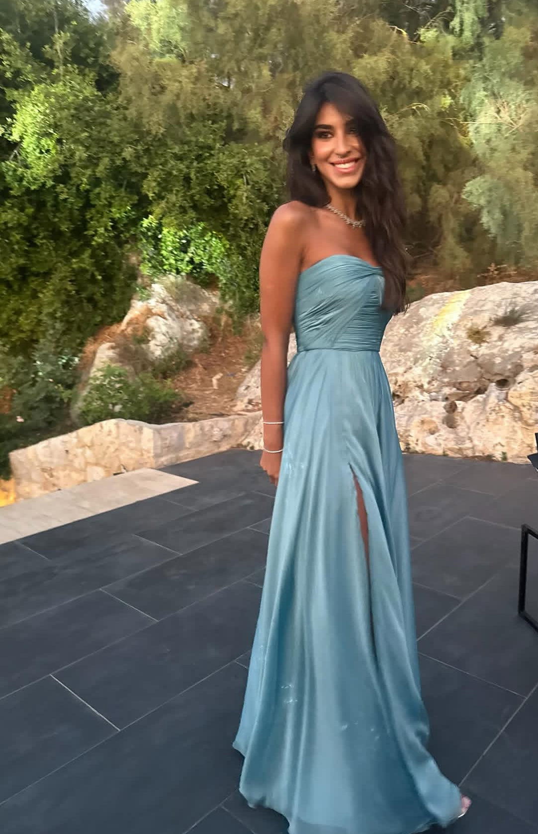 Trägerloses A-Linien-Ballkleid in Blau, formelles Abendkleid J7315