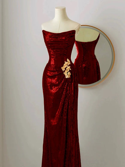 Trägerloses Pailletten-Burgunderrot-Ballkleid Formales Abendkleid J7098
