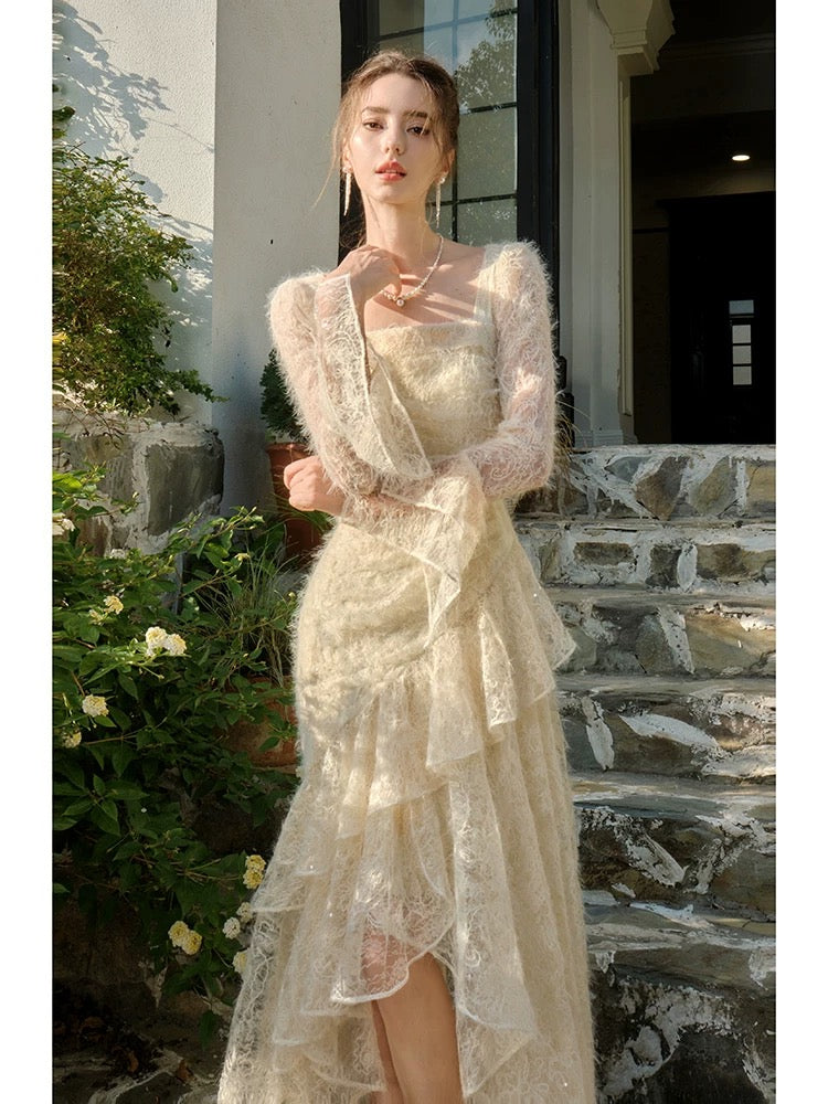 Long Sleeves Lace Ruffle Dress Formal Party Dress  L40