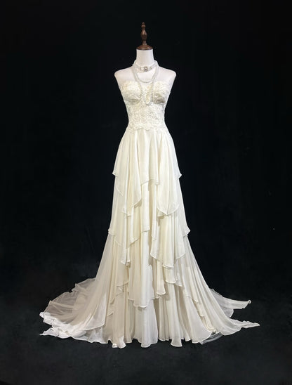 Strapless A Line Wedding Dress Ruffle Chiffon Bridal Dress J7995