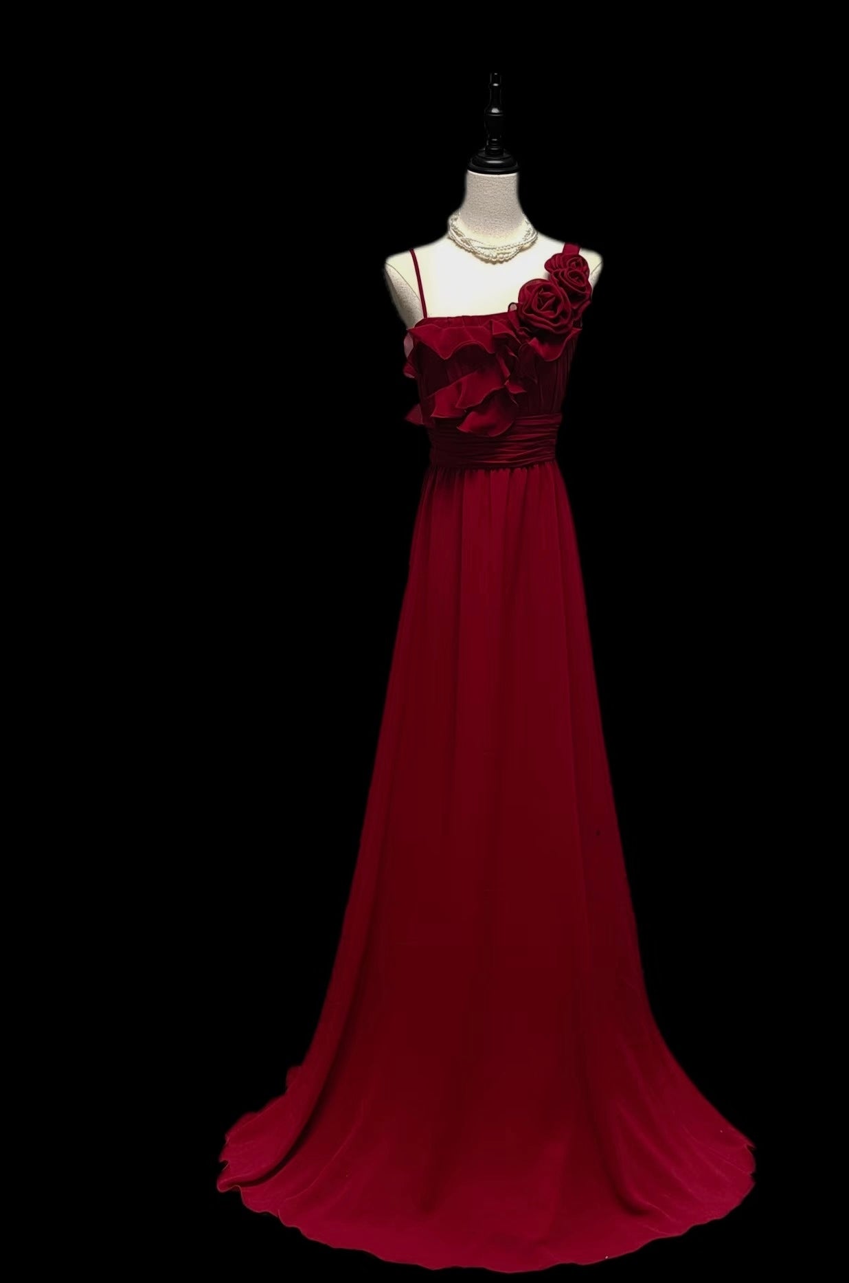 Robe de soirée rouge en mousseline de soie, coupe trapèze, tenue d'invitée de mariage, J7317