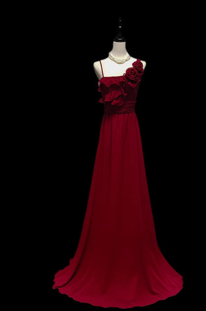 Robe de soirée rouge en mousseline de soie, coupe trapèze, tenue d'invitée de mariage, J7317