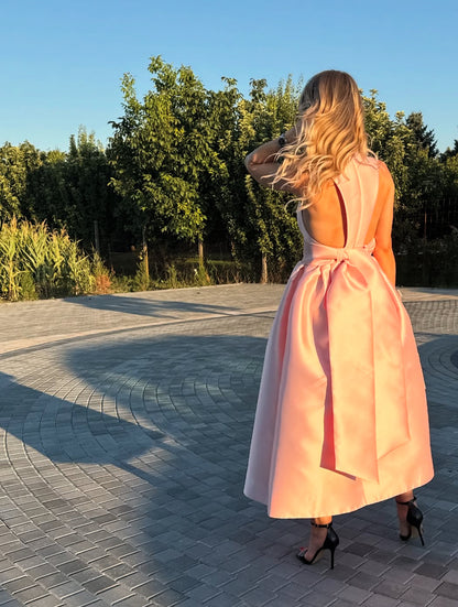 Robe de bal en satin rose à col en V et coupe trapèze, robe d'invitée de mariage J7812