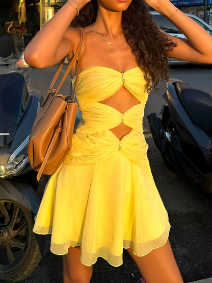 Robe de soirée courte en mousseline de soie jaune sans bretelles, coupe trapèze, J7336