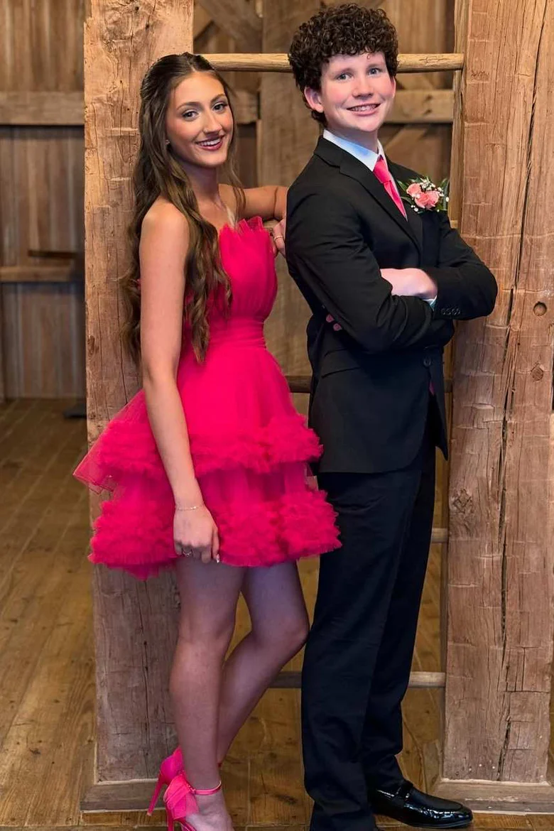 A-Line Strapless Ruffles Tulle Short Homecoming Dress J6982